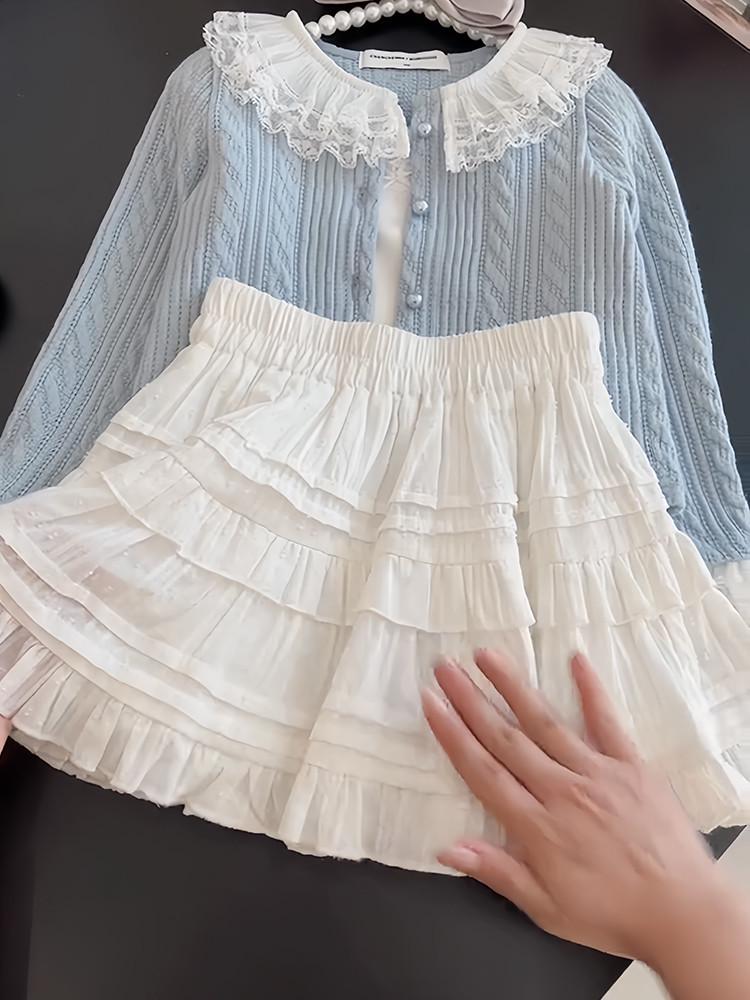 2025 Autumn Girls' Little Princess Korean Outfit: White Midi Skirt Two-Piece Set