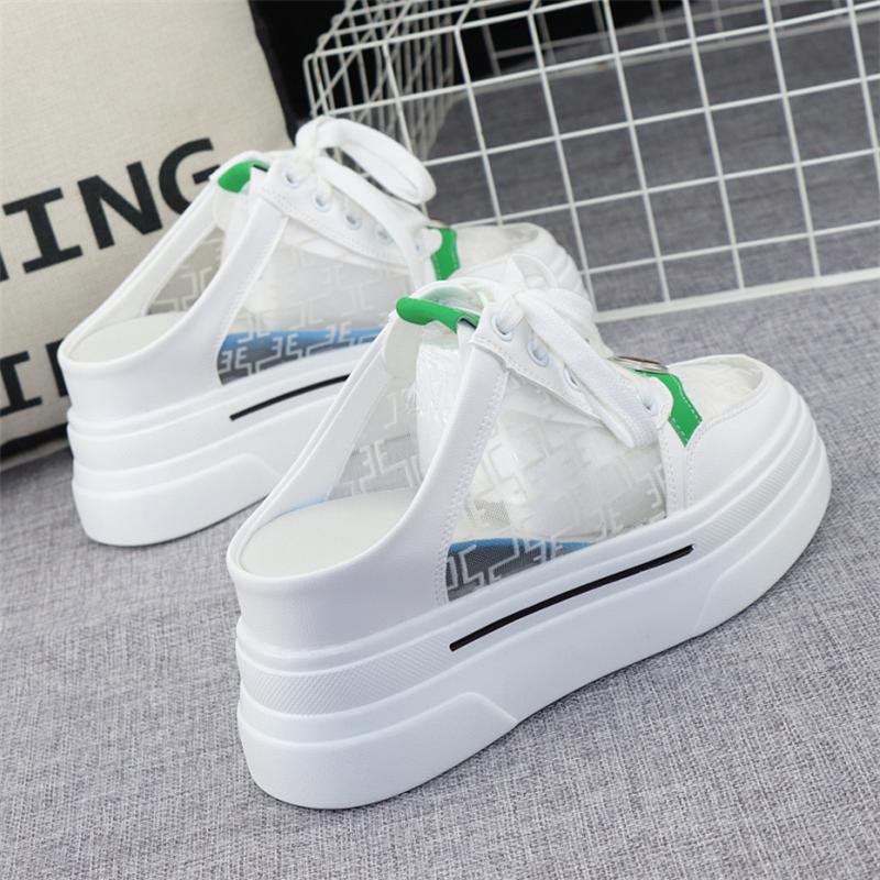 fashion Women Half Shoes Sneaker 2024 Summer Leather 8CM High Heels Slippers Casual Lace Up Woman Sneakers Shoes Fashion Summer Slippers