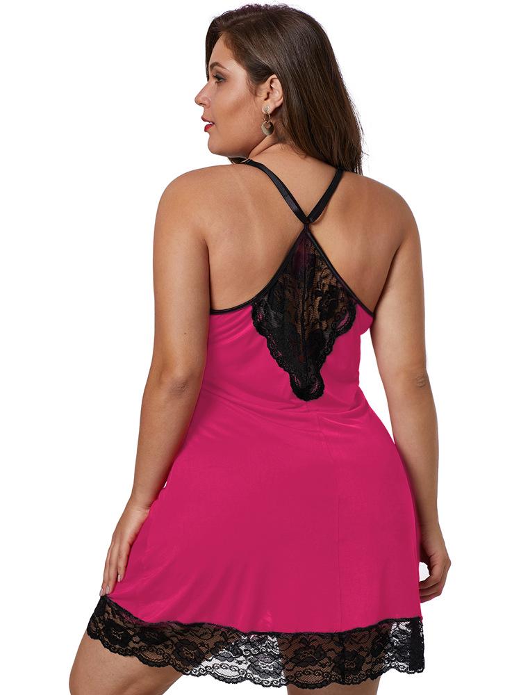 Plus Size Loose Deep V Lace Trim Sexy Lingerie Camisole Sleepwear Nightgown for Women