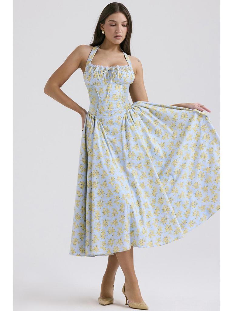 2025 European & American Style Summer Slim Spaghetti Strap Printed Halter Lace Dress