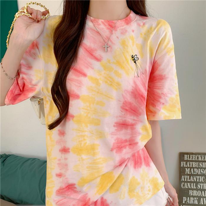 

2025 летние футболки с коротким рукавом и цветными блоками для женщин, винтажные повседневные свободные футболки с принтом тай-дай в стиле Харадзюку, кавайные студенческие футболки, топы y2k 2XL розовый