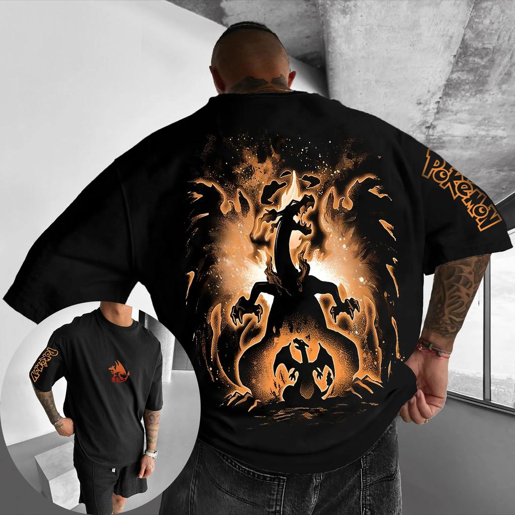 Βαμβακερό T-shirt με Εκτύπωση Charizard 2026 Ανδρικό και Γυναικείο Καλοκαιρινό Νέο Hip Hop Μοντέρνο Casual Φαρδύ Y2K Γονέας-Παιδί Top