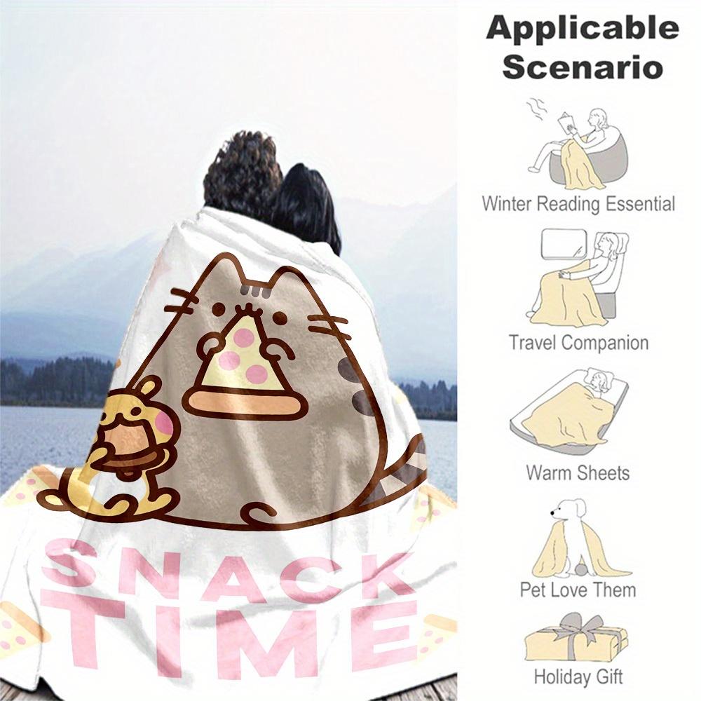 1ks Pusheen Tématická deka z flanelu se svačinkovým designem - 3D tištěná měkká teplá, lehká přikrývka pro všechna roční období pro kempování, cestování, postel -080735