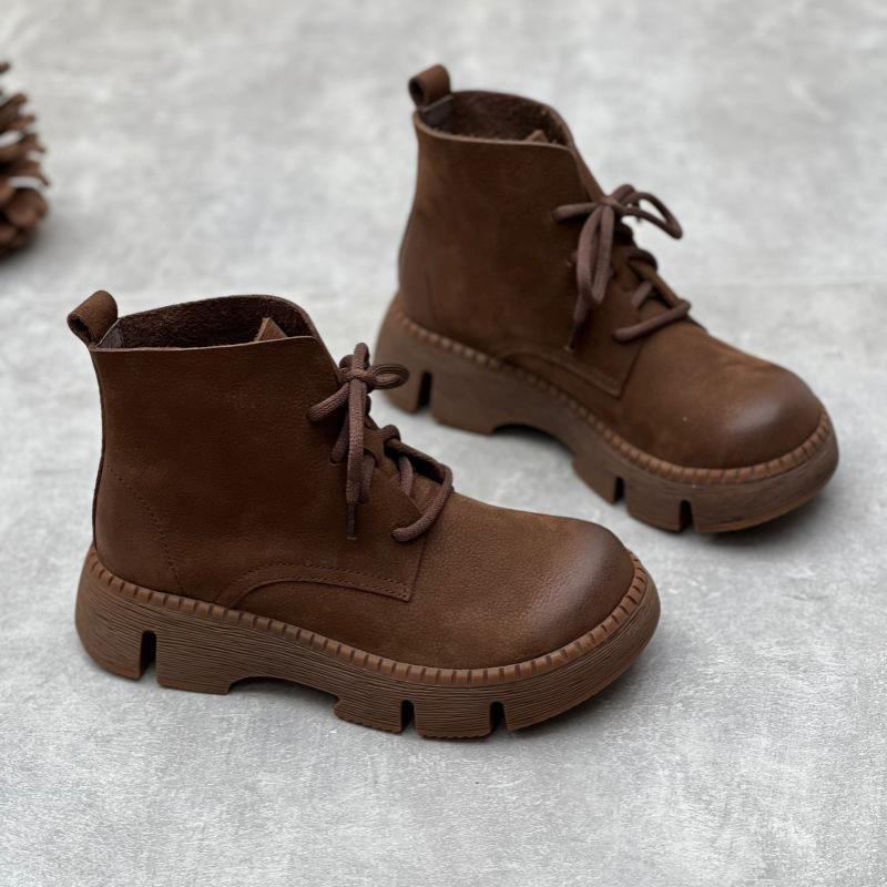 Johnature Vintage Handmade Genuine Leather Thick Sole Short Boots Round Toe Lace Up Cowhide Women's Shoes