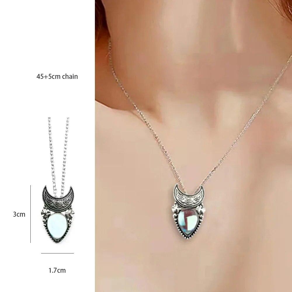 Antique Teardrop Artificial Moonstone Pendant Gems Cabochon Leaf Rattan Vintage Boho WaterDrop Necklace for Women Lady Girls