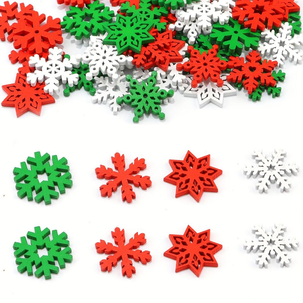 50 Pcs Random Mixed Color Snowflake Wooden Chips DIY Christmas Tree Decor Red White & Green Snowflakes Christmas Wood Chips