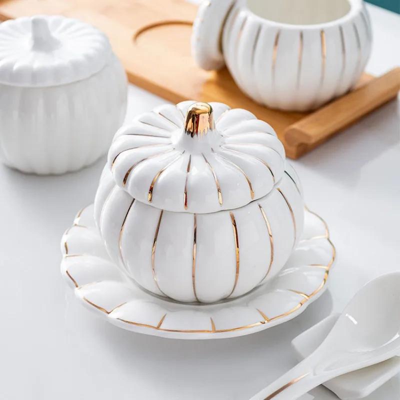 Creative Pumpkin Cup Set, Ceramic Stew Pot, Spoon Saucers Sets, Gold Rim with Cover, Bird's Nest Sugar Water Bowl, Kitchen