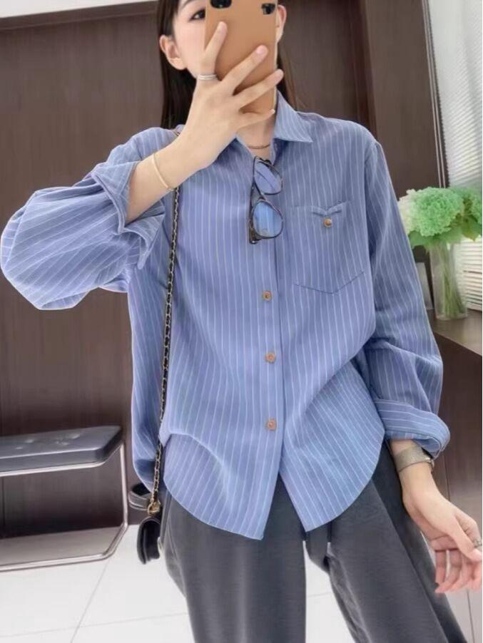 Women's 2026 Spring Slimming Korean Striped Polo Collar Long Sleeve Shirt