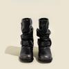 Spring Autumn Round Toe Middle Heel Black Leather Mid Calf Shoes Woman 2025 New on Offer Trend Cosplay Half High Boots for Women