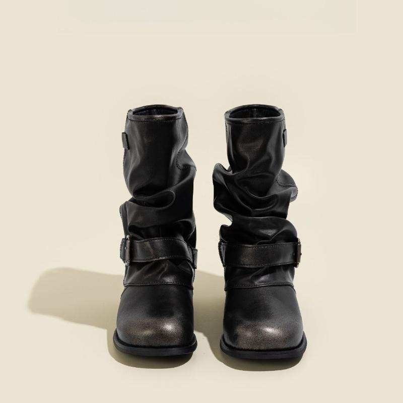 Spring Autumn Round Toe Middle Heel Black Leather Mid Calf Shoes Woman 2025 New on Offer Trend Cosplay Half High Boots for Women