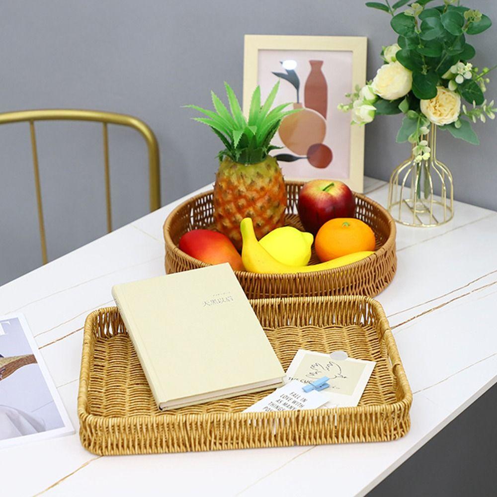 1Pcs Round Rectangular Shape Storage Tray Breakfast Bread Food Plastic Rattan Threads Basket