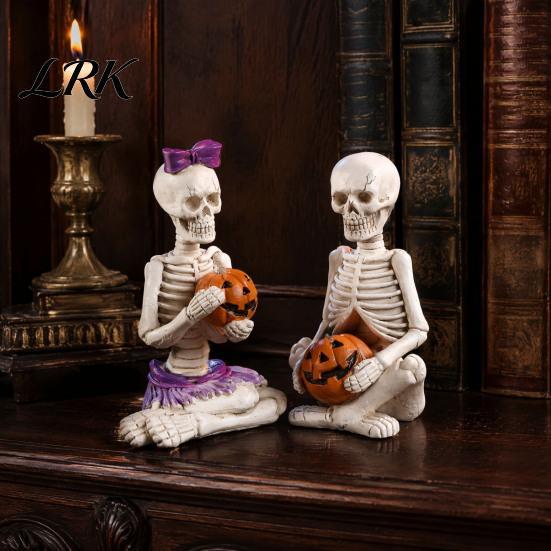 Funny Skeleton Gifts 2Pcs/Set Couple Statues, with Pumpkin Figurines, Men Creative Holiday Centerpieces Women Ornaments for Halloween Table