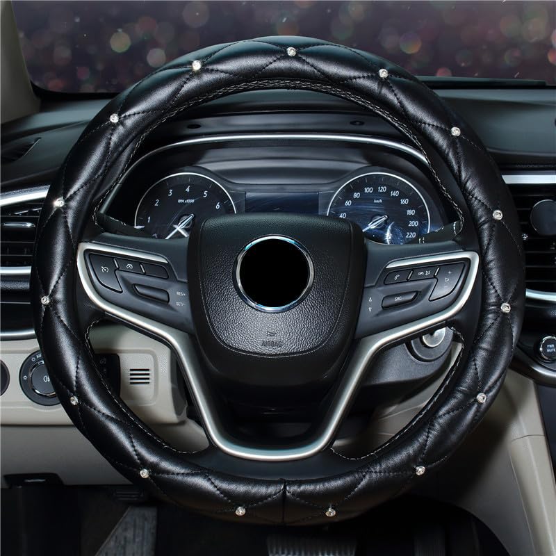 Crystal Diamond Leather Steering Wheel Cover with Bling Crystal Rhinestone Universal Fit Car Steering