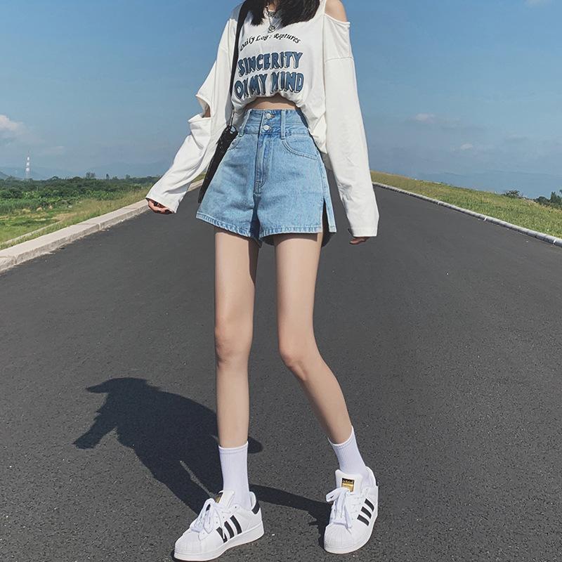 

Летние студенческие джинсовые шорты с высокой талией, женские свободные узкие широкие брюки трапециевидной формы с широкими штанинами, модная женская одежда S светло-синий