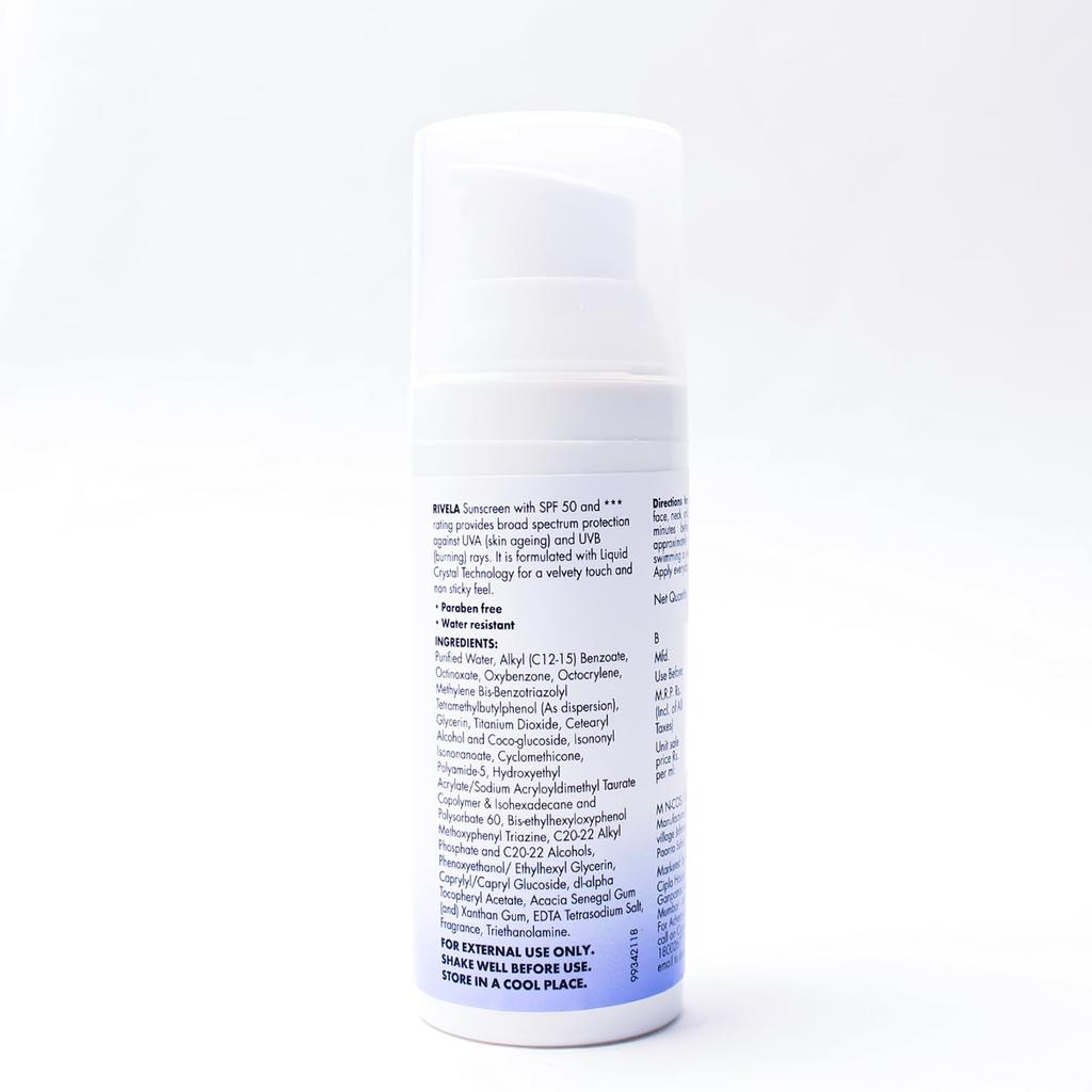 Cipla Rivela Sunscreen SPF 50 Lotion 50 Ml Broad-Spectrum UVA UVB Sun Protection Hydrating