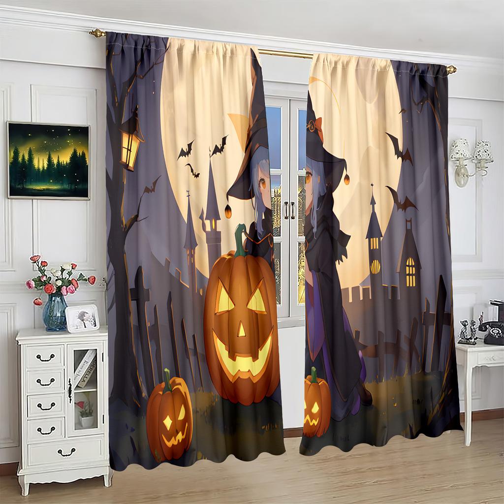 2 Pieces - Halloween - Printed Curtain - Polyester Material - Suitable for Bedroom, Living Room, Study Private Curtain