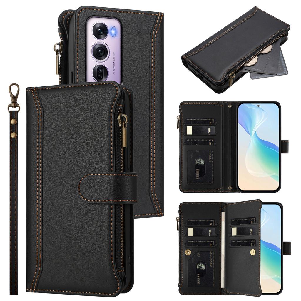 Für Oppo Reno12 Pro 5G (China)/Oppo Reno12 Pro 5G (Global) Lederhülle 9 Kartenfächer Reißverschluss-Geldbörse Ständer Handyhülle mit Handschlaufe