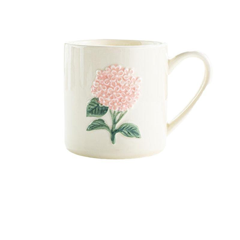 Japanese-Style Handmade Three-Dimensional Color Hydrangea High-Value Literary Relief Ceramic Breakfast Cup Drinking Cup