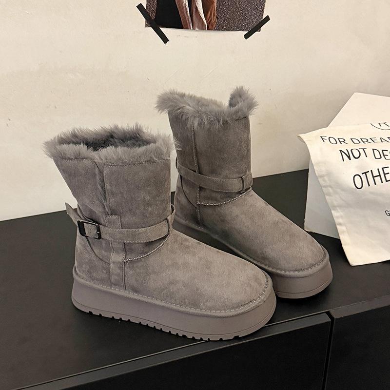 Dicksöhlige Samt-Plateau-Schneestiefel für Damen Herbst und Winter 2025, neue verdickte mittelhohe Stiefel, zwei Tragemöglichkeiten, Gürtelschnalle, warme Baumwollschuhe, Trend