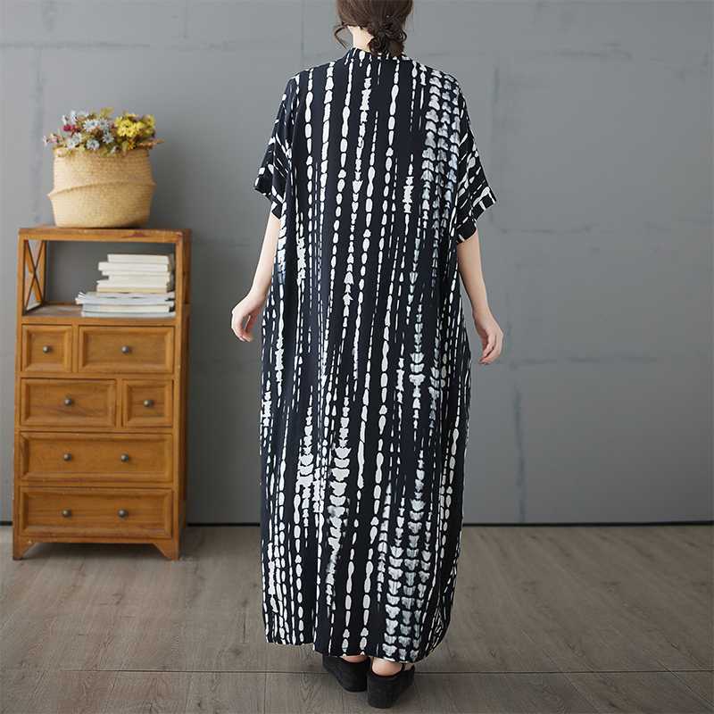 Black Striped Women's Cotton Short Sleeved Long Loose Casual Dress