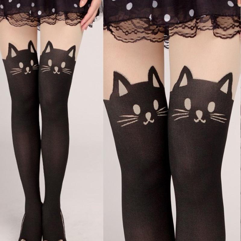 Sexy Women for Cat Tail Faux Thigh High Hosiery Pantyhose Tattoo Tights Japanese Cartoon Pattern Black Stockings Hosiery
