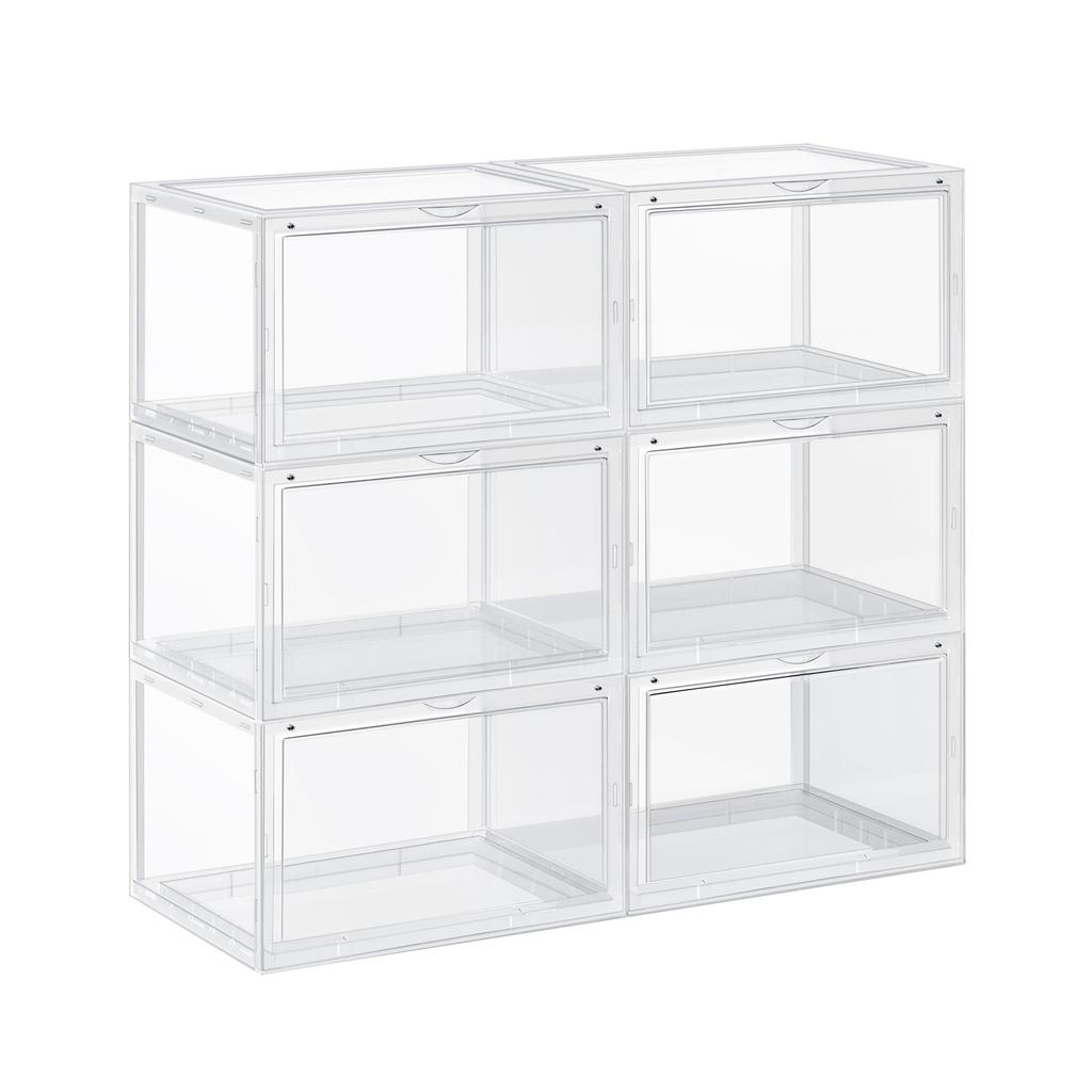 SONGMICS Shoe Boxes, Pack of 6 Stackable Shoe Organisers with Clear Door, Plastic Shoe Storage for UK Size 11, 36 x 28 x 22 cm, Transparent