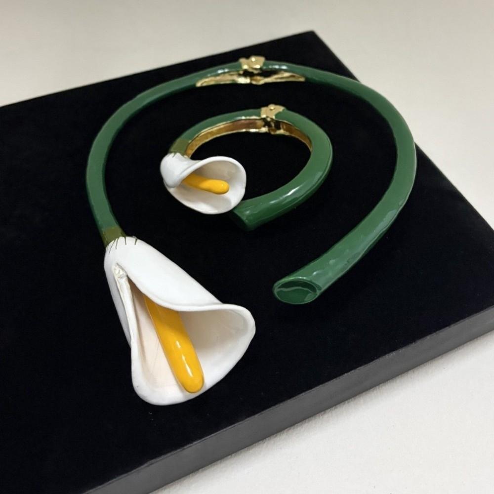 Glazing Flowers Jewelry Set Vintage Floral Enamel Bracelet Chic Calla Choker Necklace  Vacation