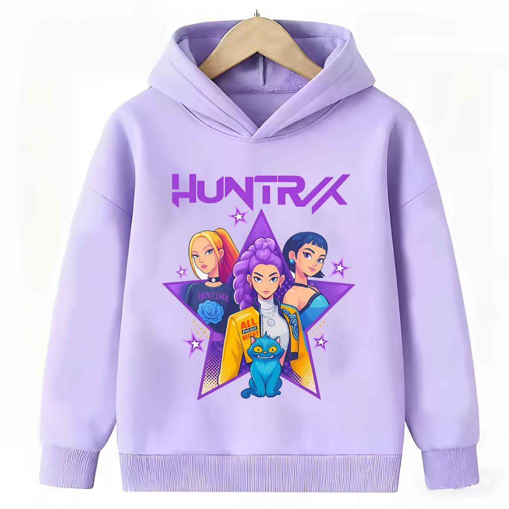 KPop Demon Hunter Cartoon Girls Boy Hooded Sweatshirt Warm Children's Purple Sweatshirt Fashion Casual Tops Girls Clothing