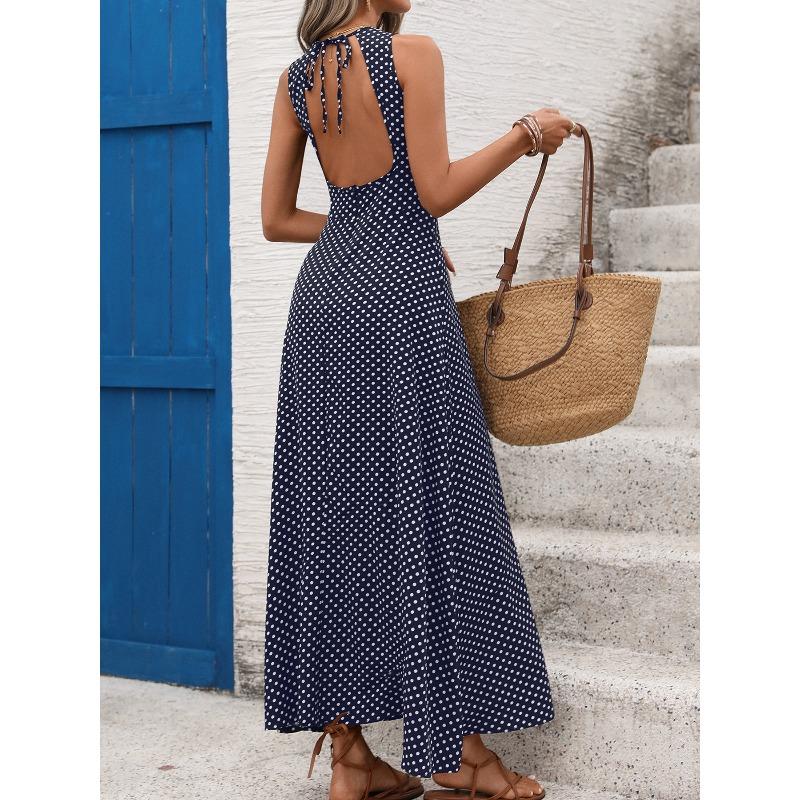 Women's Fashion Summer Spring Polka Dot Print Sleeveless O-Neck High Waist Casual Dresses