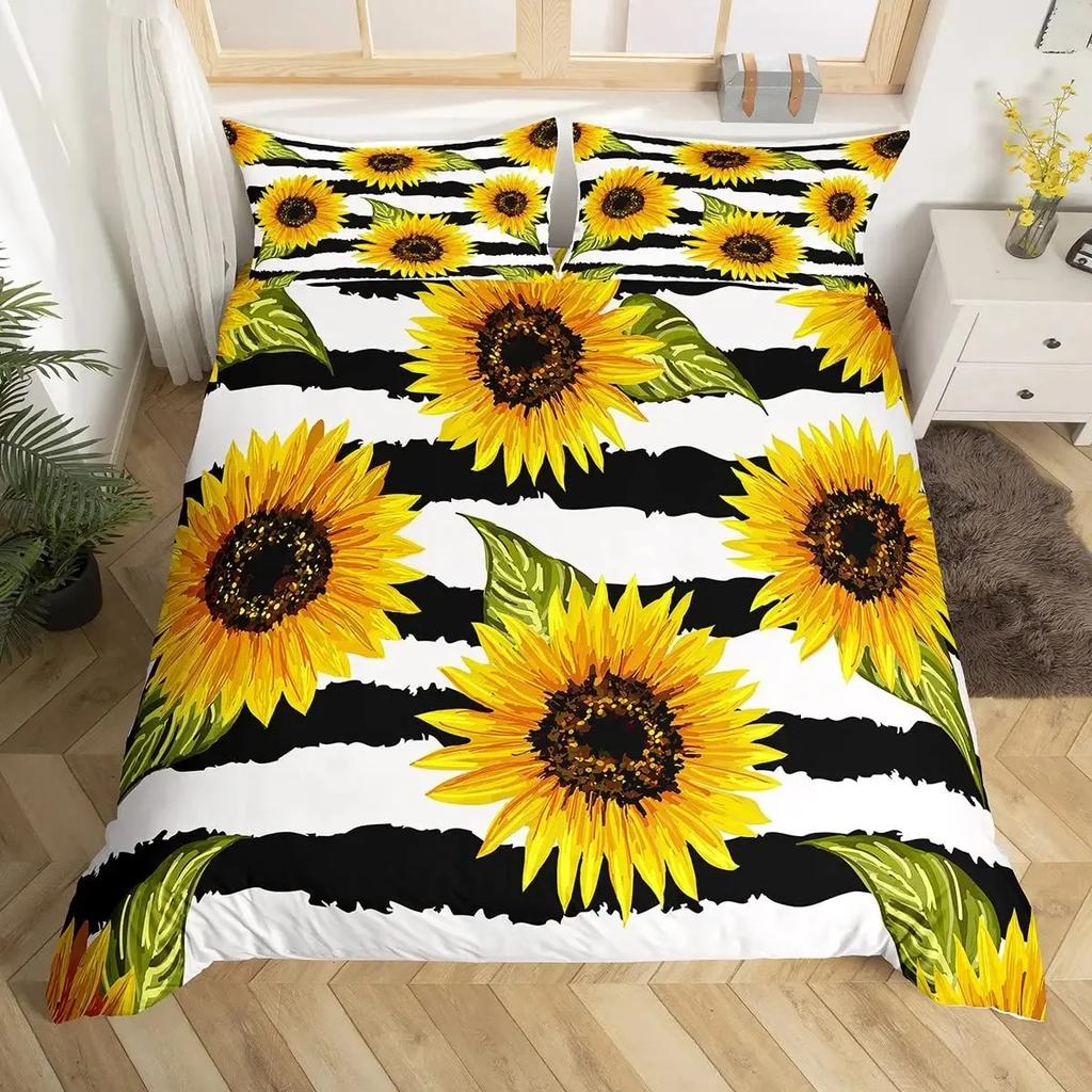 Sunflower Duvet Cover Set,Romantic Flowers On Old Fashioned Letters Postcards Newspapers,girls Sunflower Vintage Bedding Sets