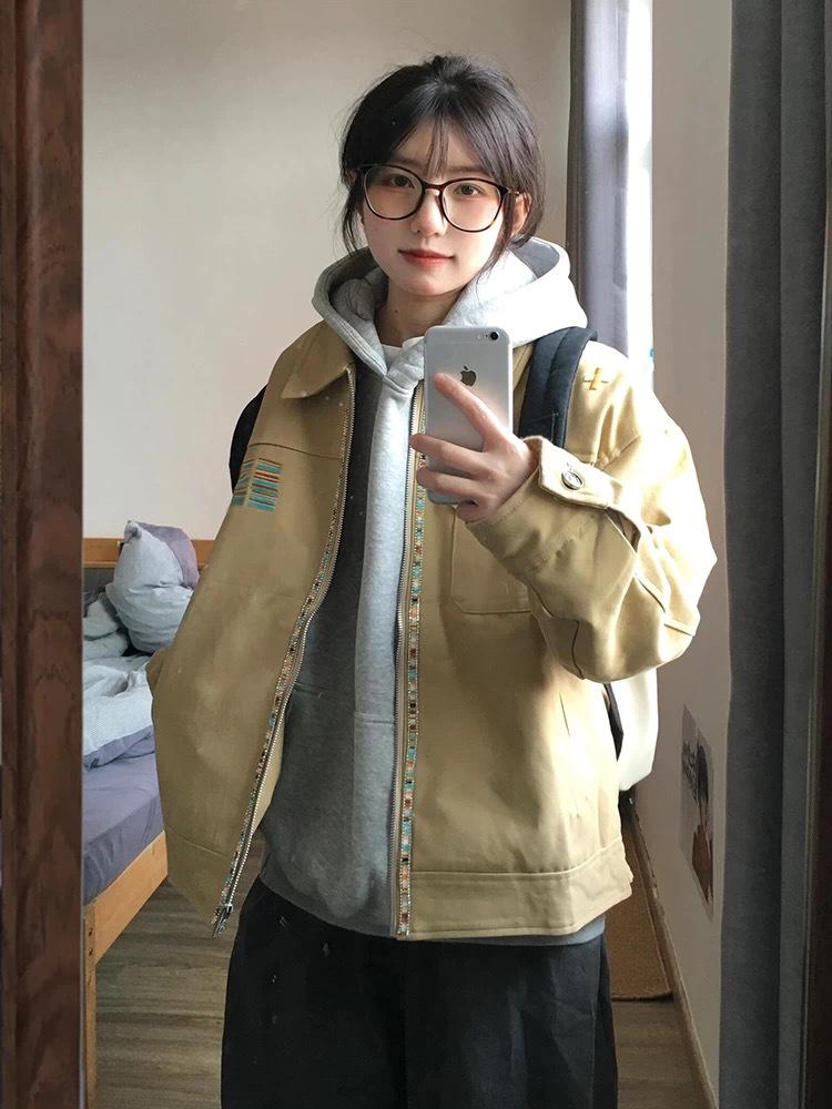 Women's Retro-Style Short Loose Workwear Jacket with Spandex - Unisex Design for Spring