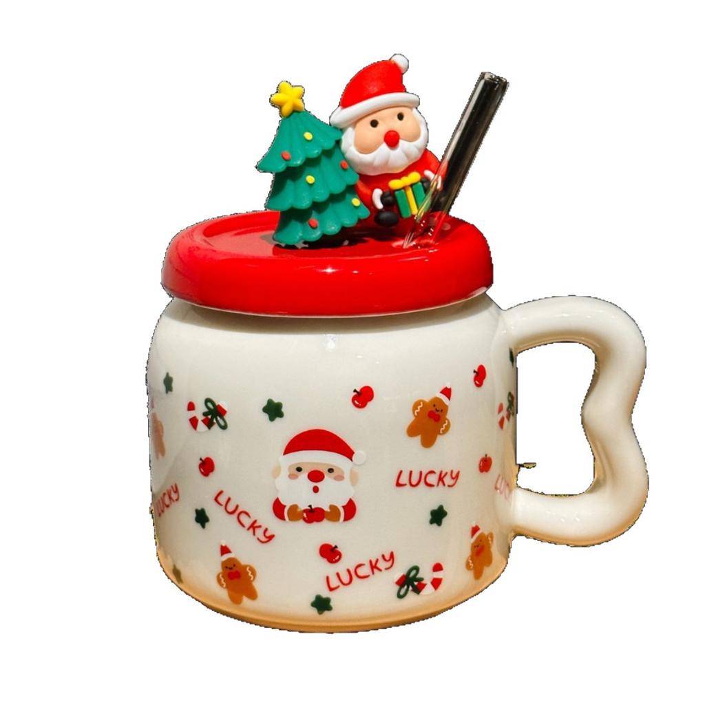 Cute Cartoon Santa Claus Ceramic Mug with Lid High Looking Straw Cup Christmas Gift Souvenir