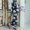 RAVIR Yukata Black with a Pale Wisteria Floral This Set Includes a Fluffy Obi and One Size Fits Women's 3-Piece Set Pattern. Fluffy, Sandals. All.