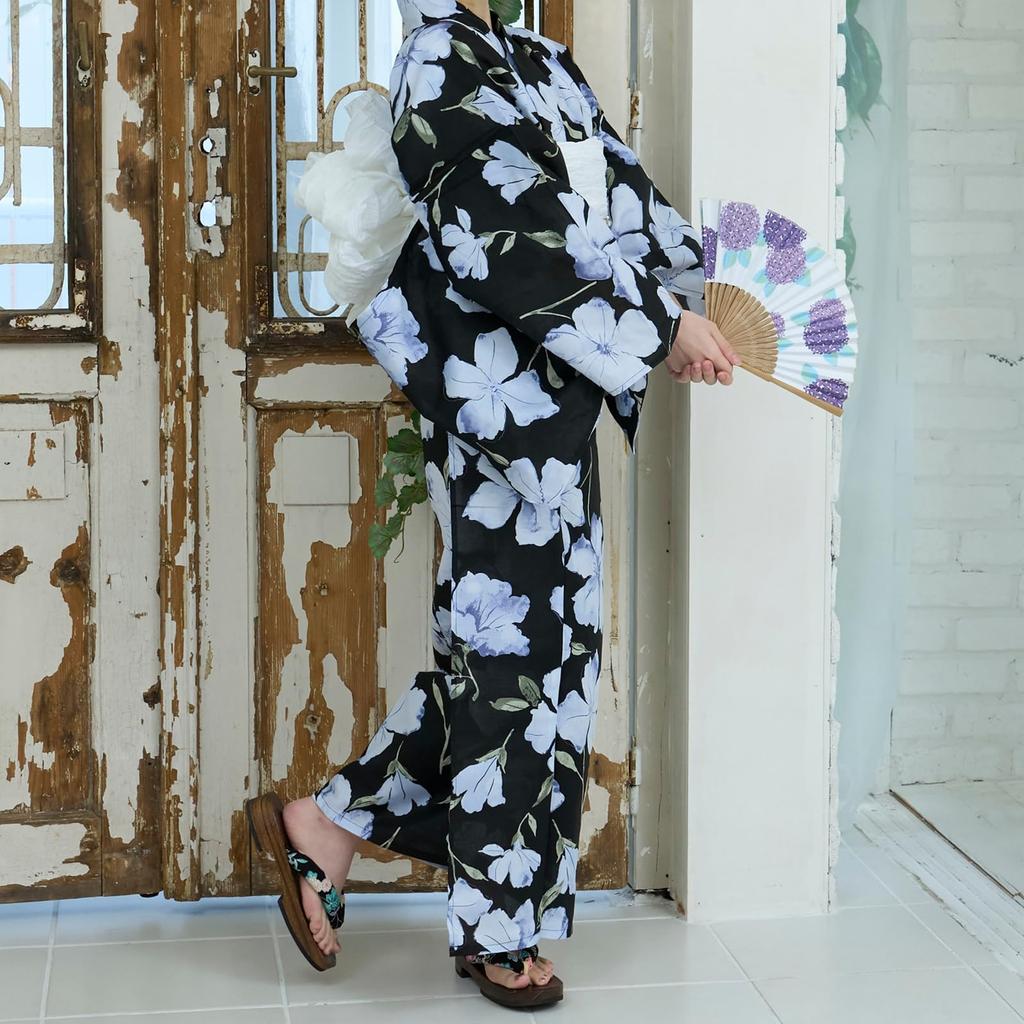 RAVIR Yukata Black with a Pale Wisteria Floral This Set Includes a Fluffy Obi and One Size Fits Women's 3-Piece Set Pattern. Fluffy, Sandals. All.