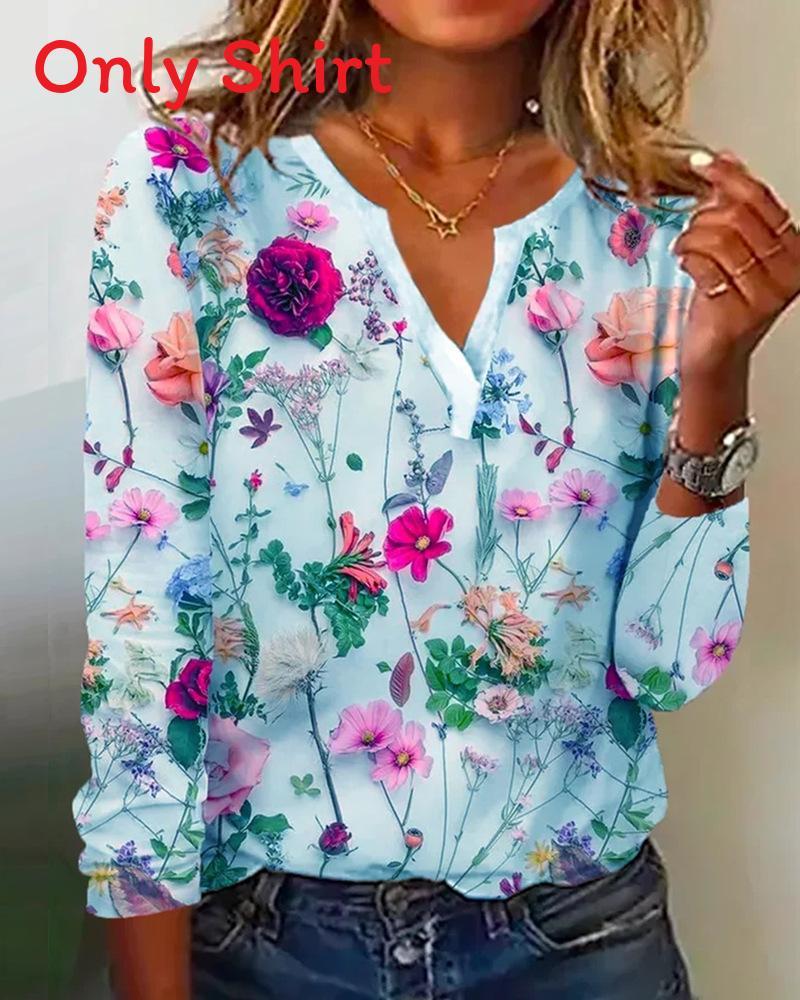 Floral Printed Vneck Long Sleeve Tshirt For Women With Polyester And Spandex For Casual Wear