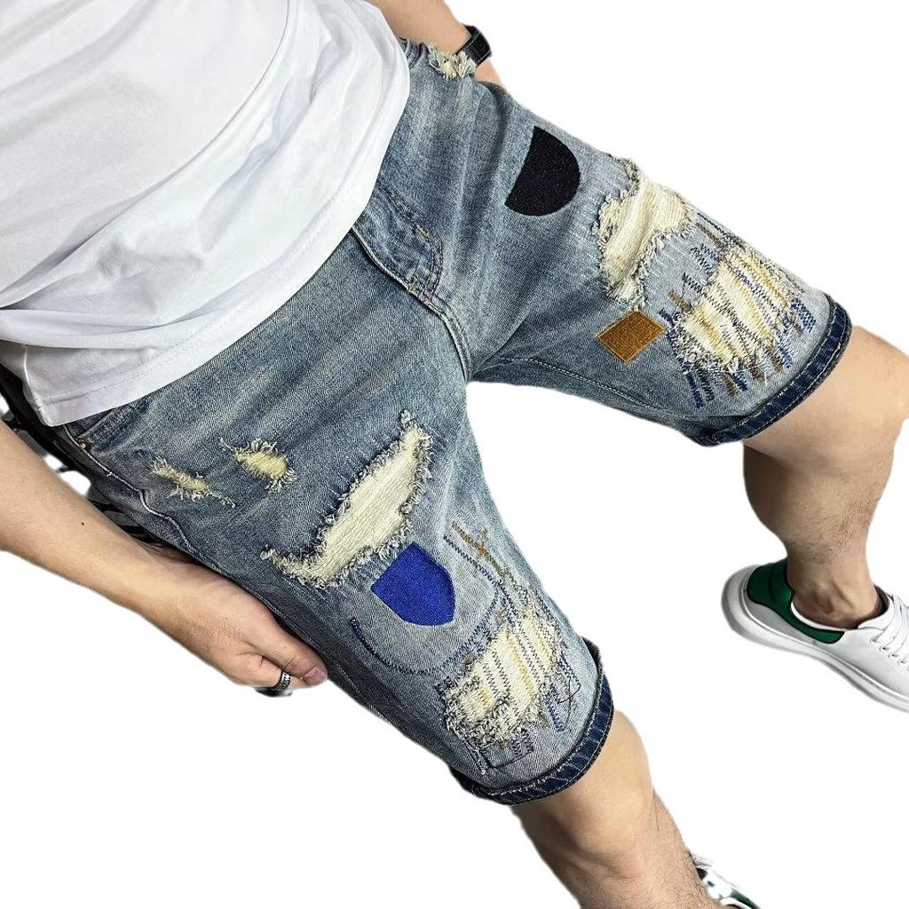 Tide Fashion Personality Colourful Stitching Embroidery Slim Denim Shorts Men's Summer Thin Section of The Hole In The Trousers