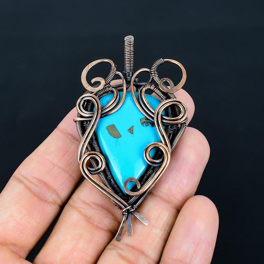 Turquoise 999 Copper Wire Wrapped Pendant, Handmade Gemstone Jewelry Pendant For Memorial Day