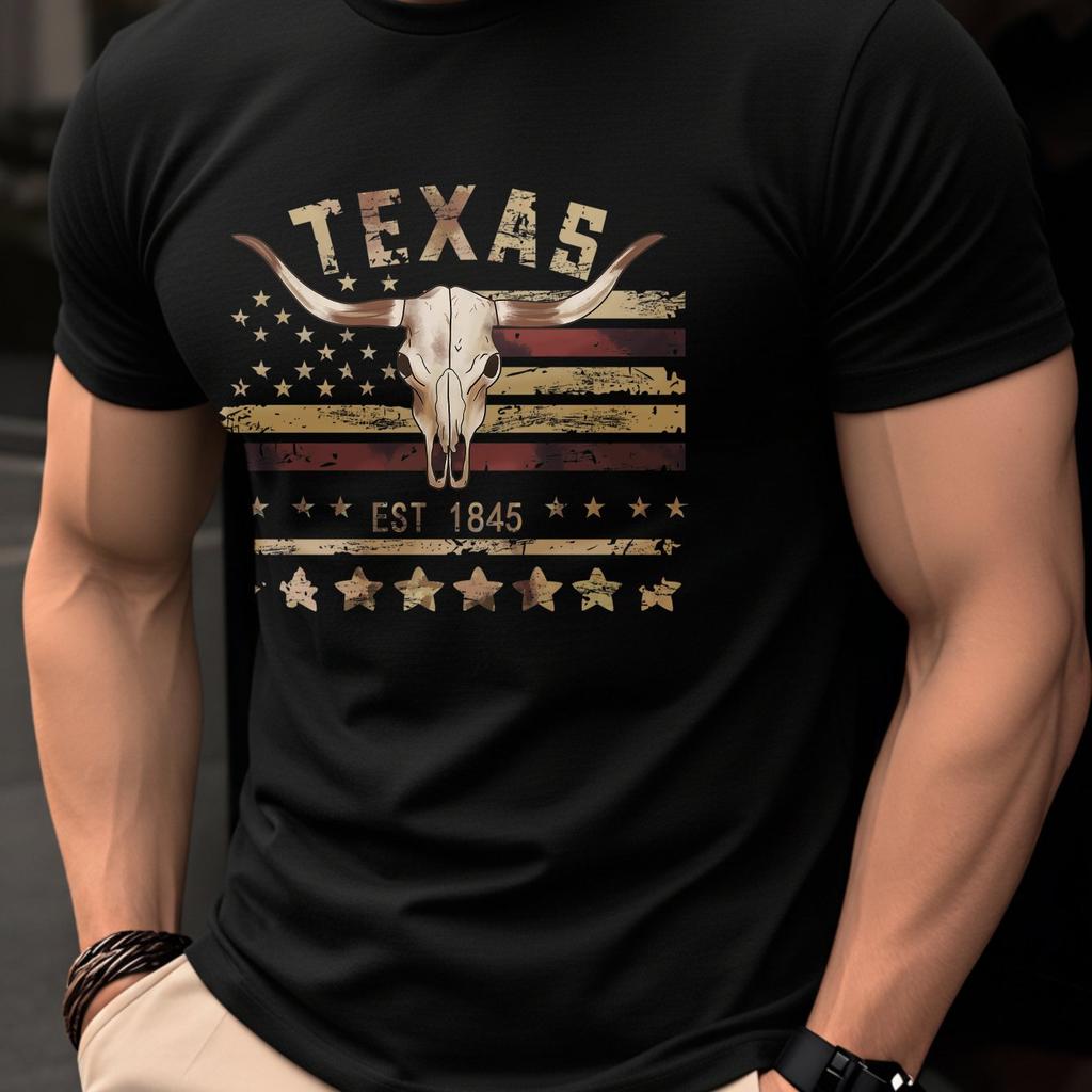 Texas Est 1845 Longhorn Skull Tshirt Unisex Vintage American Flag Print Casual Western Cowboy Style Cotton Short Sleeve Tee