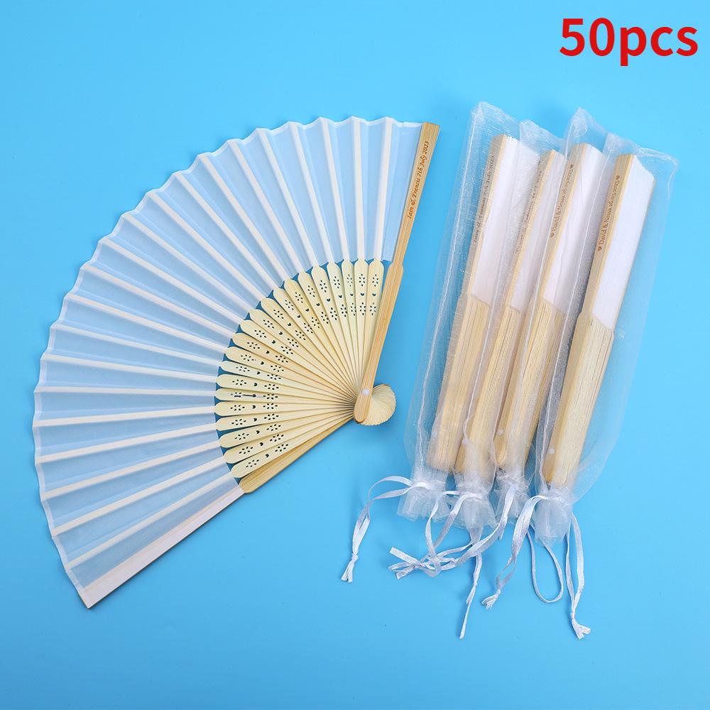 20/70 PCS Personalized Engraved White Folding Elegant Silk Hand Fan with Gift Bag Wedding Favors