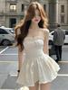 Double-layer white square neck suspender pleated fungus lace dress women's summer pure desire light luxury sexy skirt