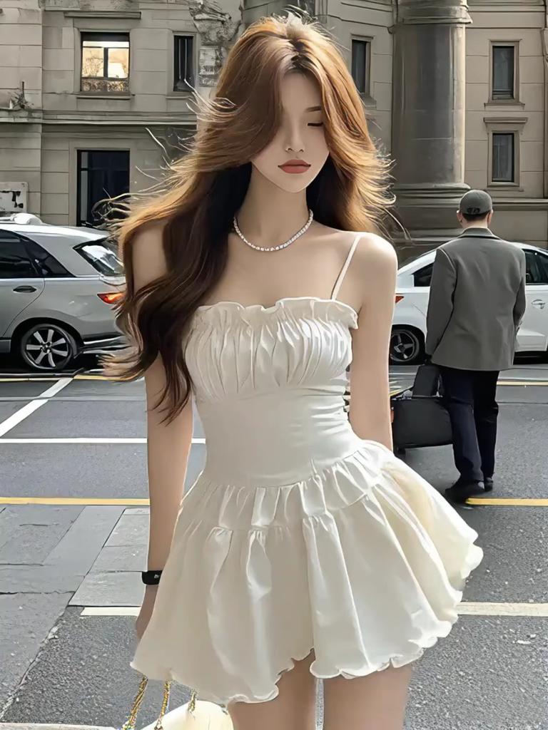 Double-layer white square neck suspender pleated fungus lace dress women's summer pure desire light luxury sexy skirt