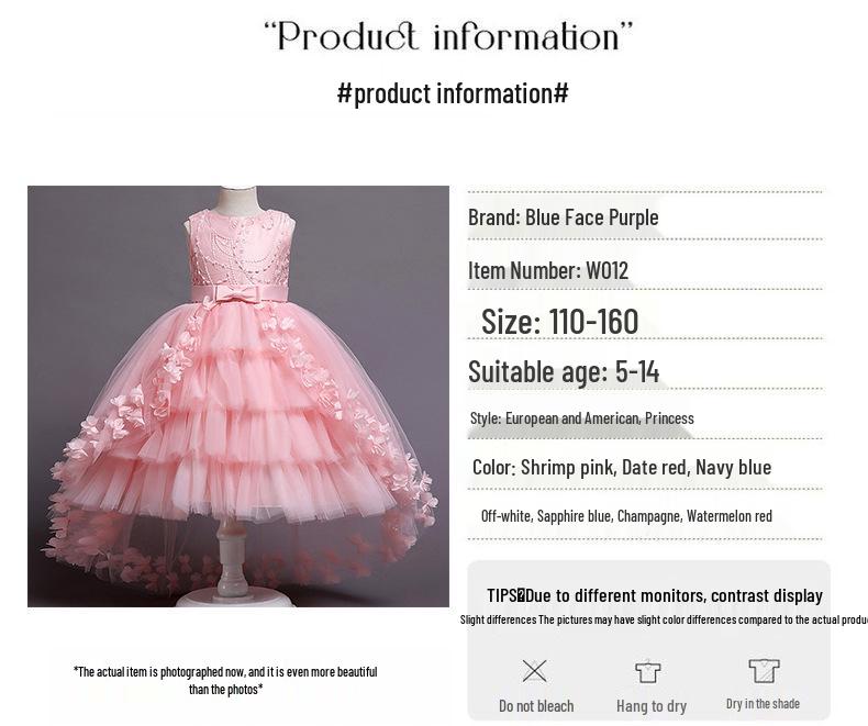 Children's Formal Puffy Princess Wedding Dress with Lace Train for Catwalk and Performances