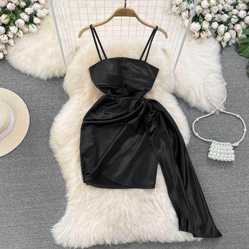 

Satin Fashion Irregular Dress Summer Acetic Acid Black L
