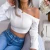 Herbst Winter Einfarbig Lässig Sexy Pullover Aushöhlung Schulterfrei Langarm Crop Top Damenbekleidung Blau Weiß Khaki Pullover