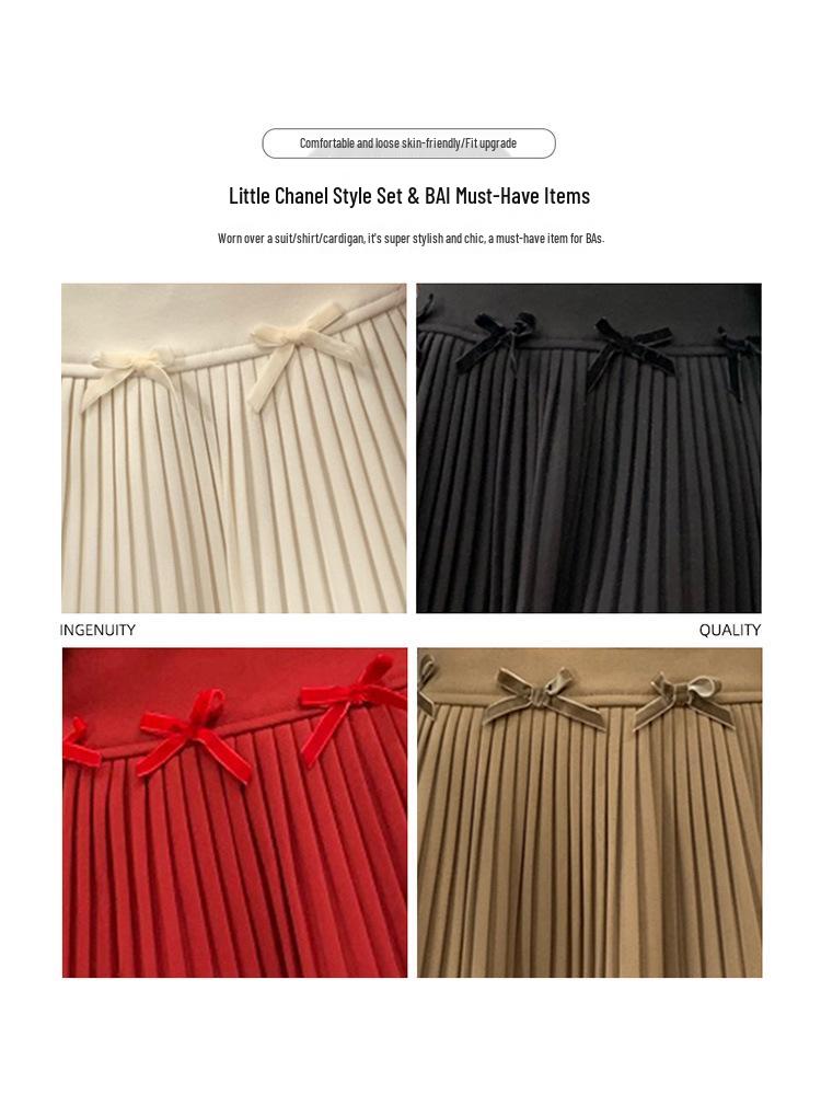 Influencer-Style High-Waist Pleated A-Line Skirt with Sweet Bow Tie for Women - Autumn/Winter