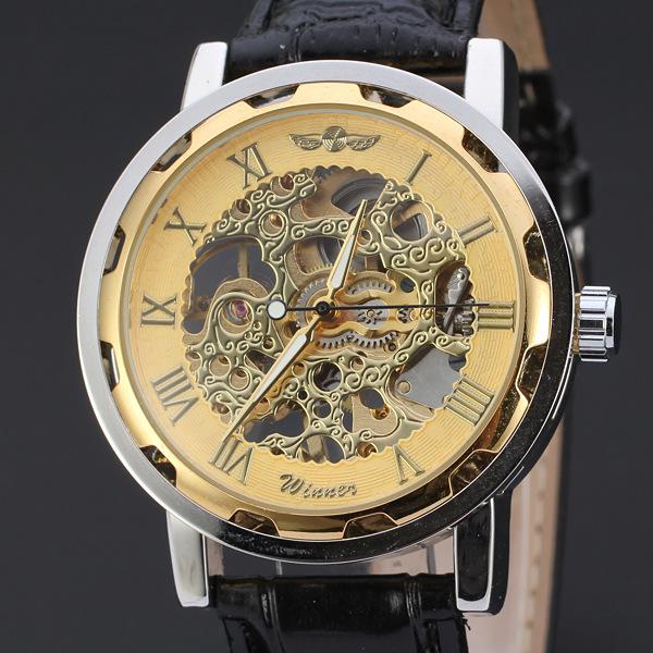 T-WINNER Gear Bezel Mechanical Watch with Hollow Dial & Leather Strap for Men and Women