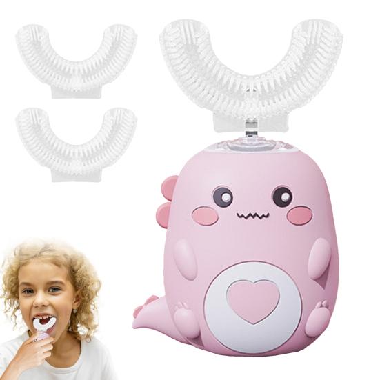 Kids U-Shaped Ultrasonic Electric Toothbrush with 2 Silicone Brush Heads IPX7 Waterproof Automatic Cartoon Dinosaur Toddlers Boys Girls Rechargeable