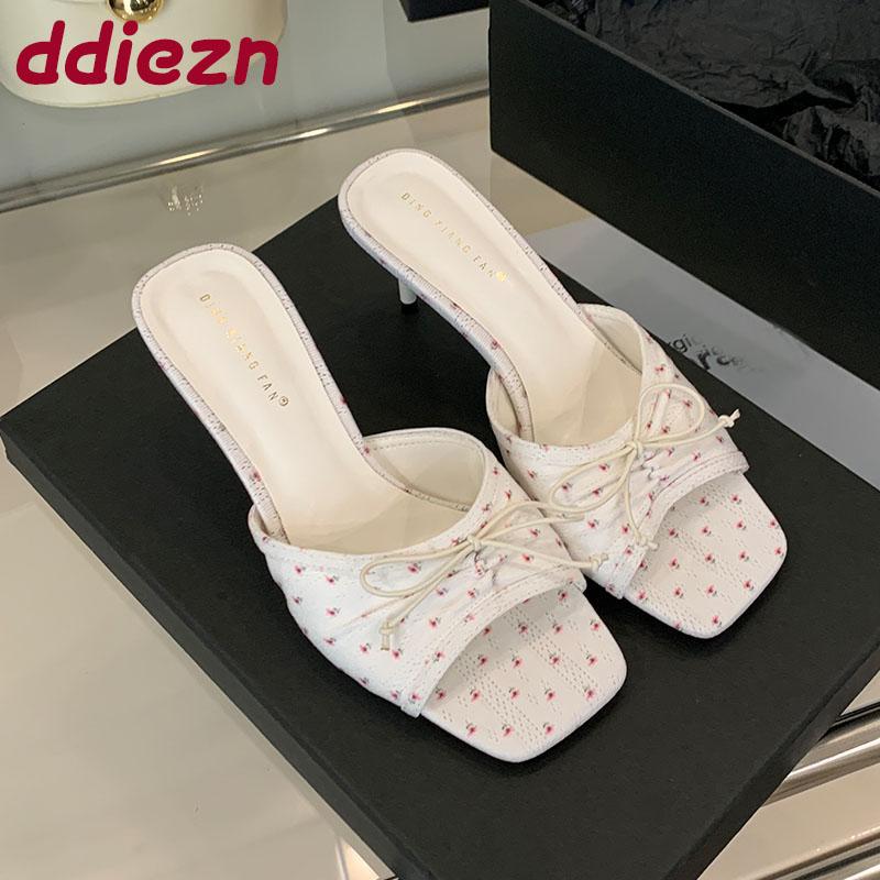 Fashion Fashion Butterfly-Knot Women Thin Heels Pumps Slides Shoes Female Square Toe Footwear Sexy Ladies High Heels Shoes Sandals