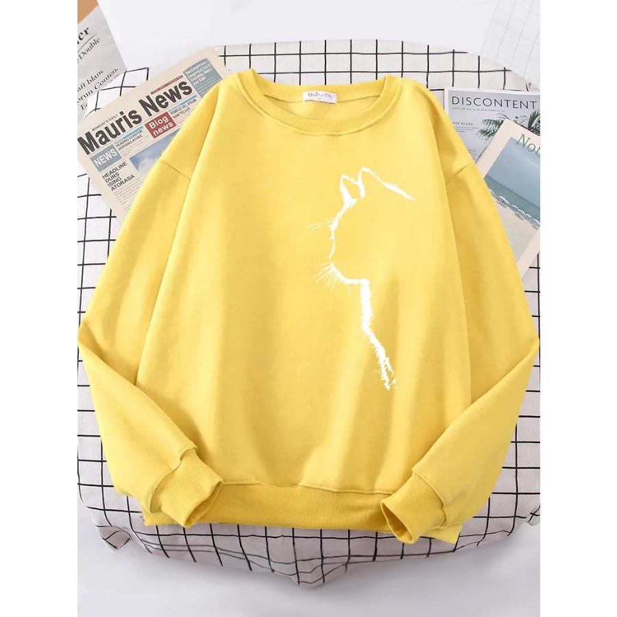 Simple Strokes of Cat Pet Print Hoody Womens Shoulder Drop All-match Hoodies Simple S-XXL Hoodie Street Quality Clothing Female