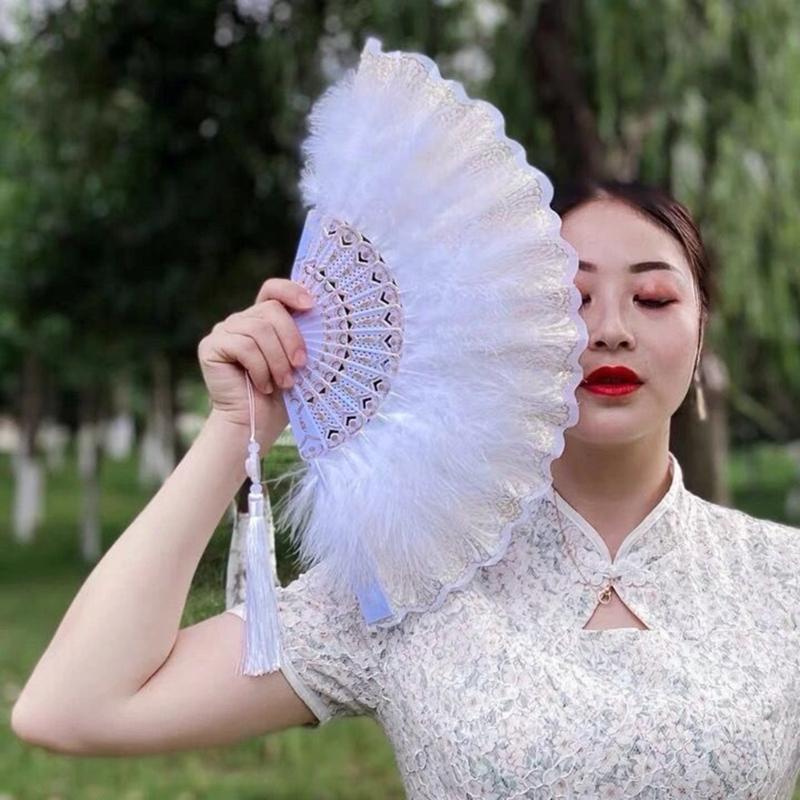 Embroidered Flower Feather Fan Vintage Hand Fan for Costume Dancing Handheld Folding Fan Performances Wedding Party